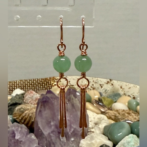 Green Aventurine Copper Dangle Earrings With Hammered Fringes - Picture 2 of 5